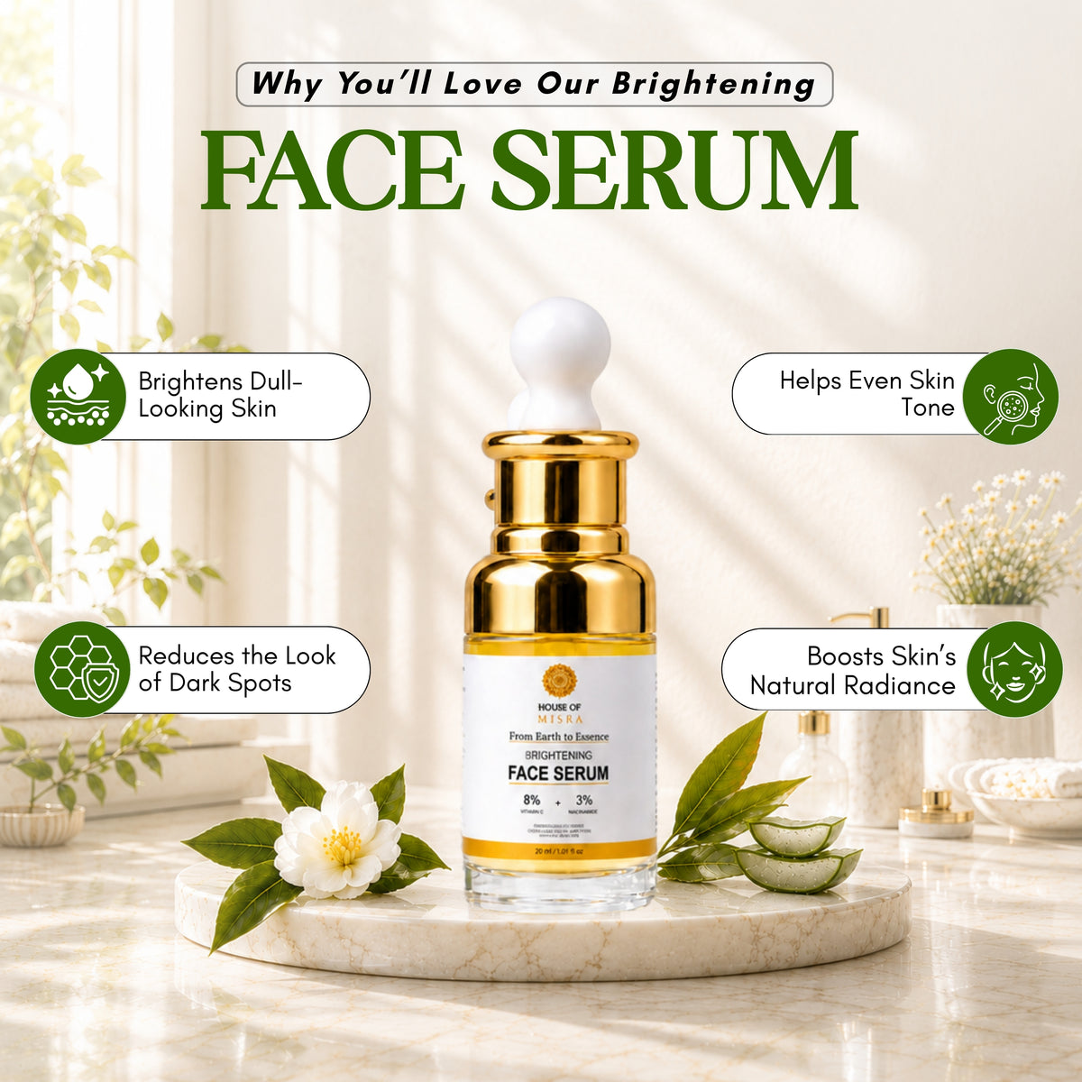 Brightening Face Serum with 8% Vitamin C & 3% Niacinamide – 30 ml